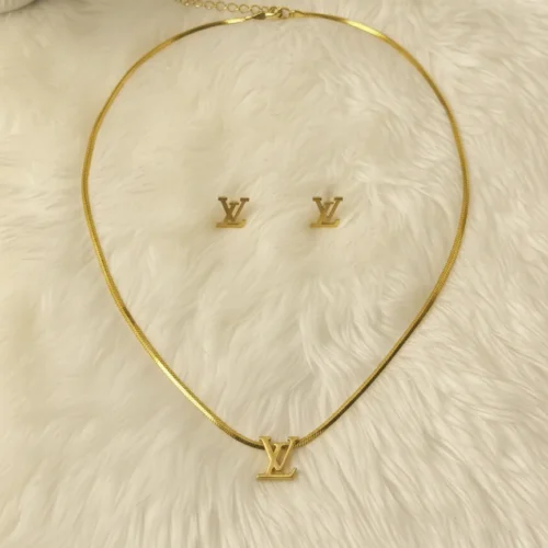 Stainless Steel LV Gold Snake Chain Necklace & Stud Set