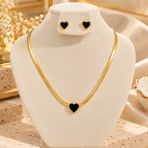 Black Heart Gold Snake Chain Necklace & Earrings Set