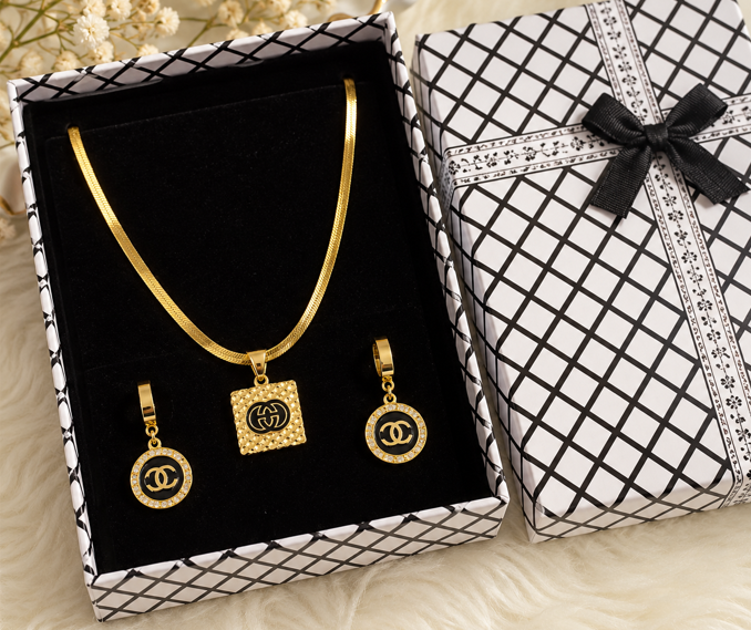 Designer Inspired Gold Snake Chain Necklace & Earrings Set – Black Detail - Image 3