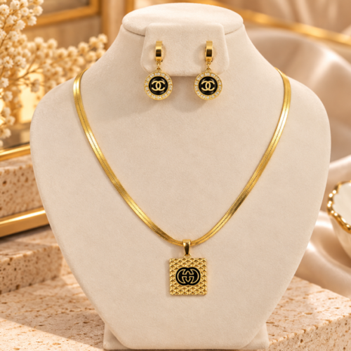 Designer Inspired Gold Snake Chain Necklace & Earrings Set – Black Detail