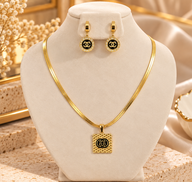 Designer Inspired Gold Snake Chain Necklace & Earrings Set – Black Detail