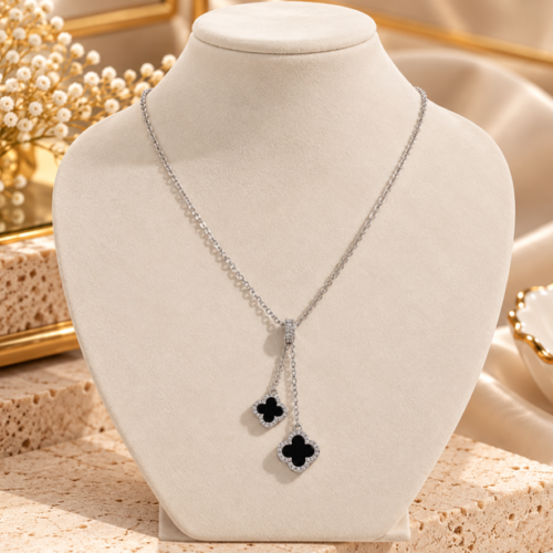 Double Black Clover Lariat Style Necklace in Sterling Silver Plated