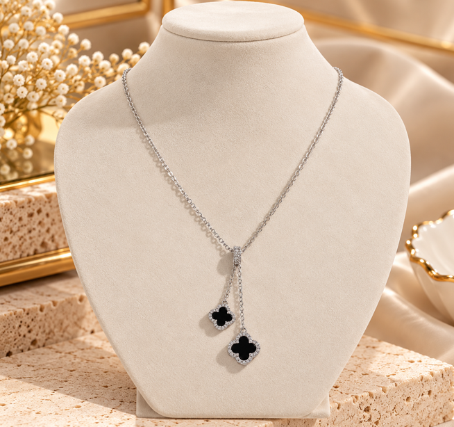 Double Black Clover Lariat Style Necklace in Sterling Silver Plated