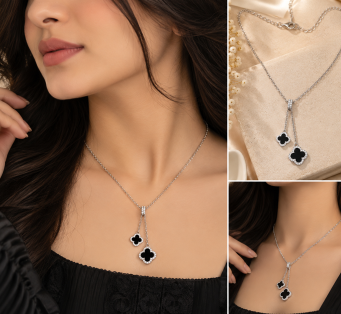 Double Black Clover Lariat Style Necklace in Sterling Silver Plated - Image 2