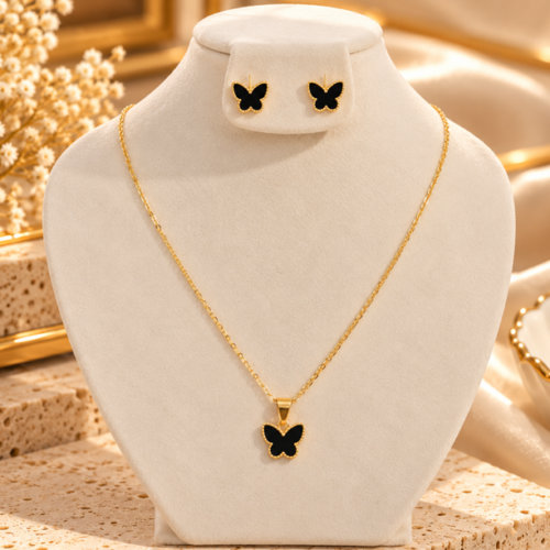 Black Butterfly Gold Necklace & Earrings Set