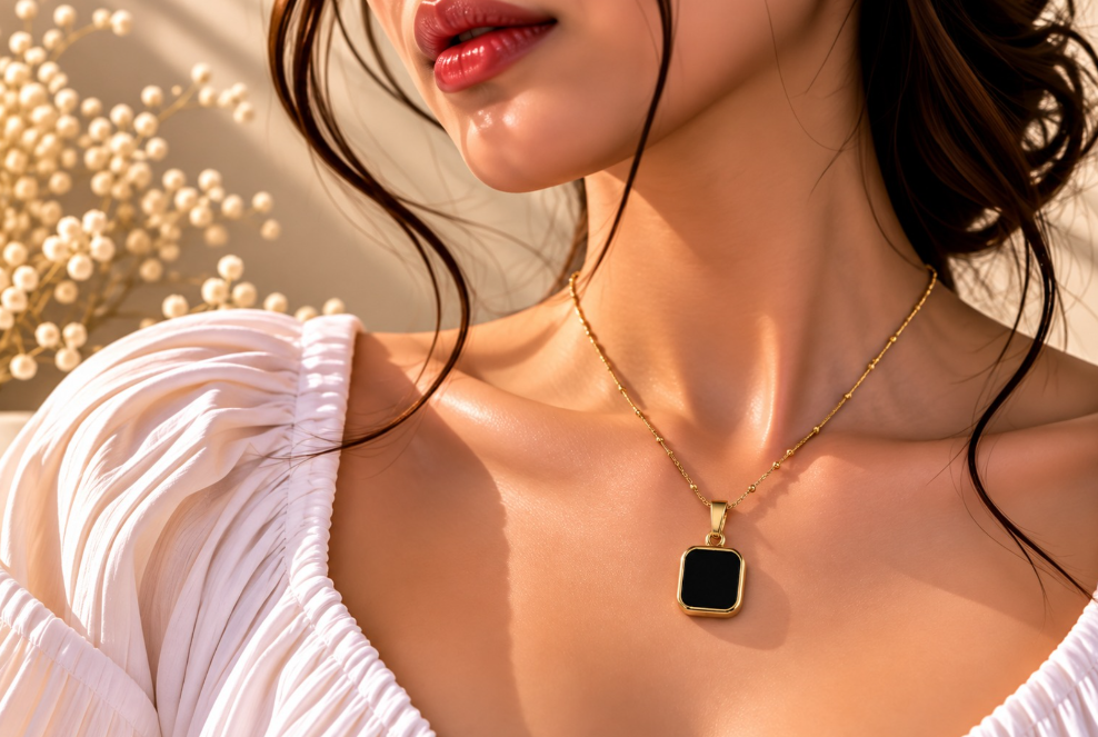 Reversible Black & Pearl White Square Pendant Necklace – Double Sided - Image 4
