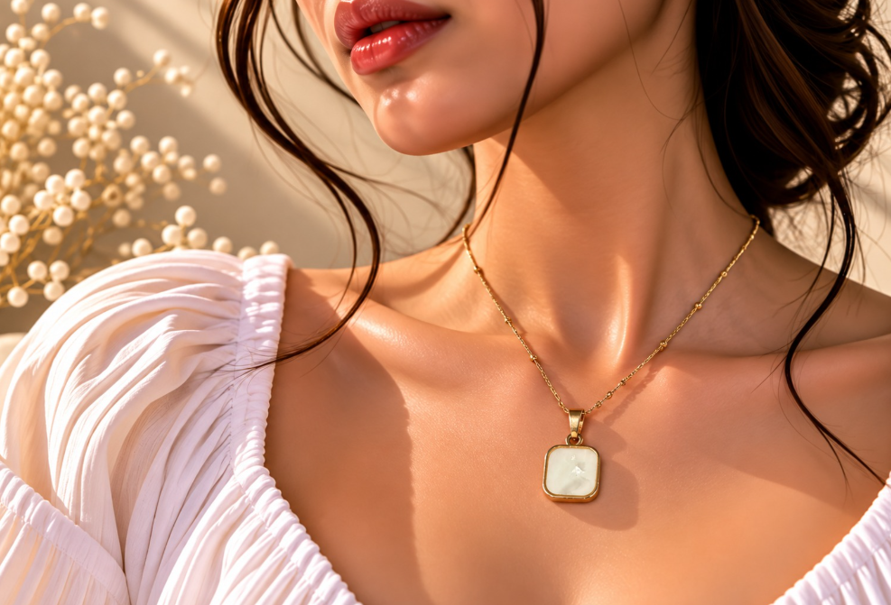 Reversible Black & Pearl White Square Pendant Necklace – Double Sided - Image 5