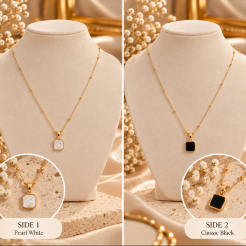 Reversible Black & Pearl White Square Pendant Necklace – Double Sided