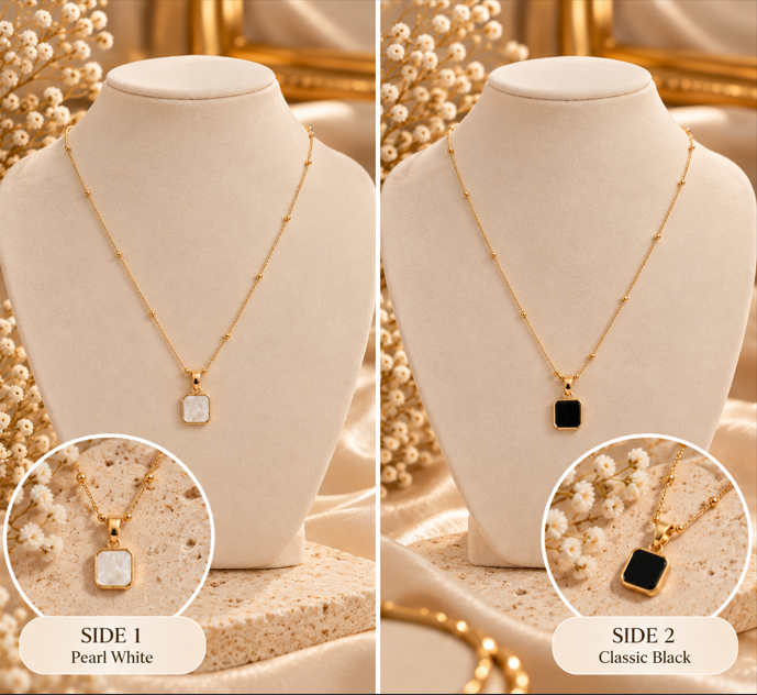 Reversible Black & Pearl White Square Pendant Necklace – Double Sided
