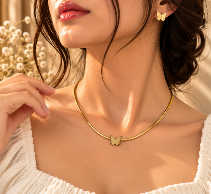 Gold Butterfly Stainless Steel Snake Chain Necklace & Stud Earrings Set - Image 2