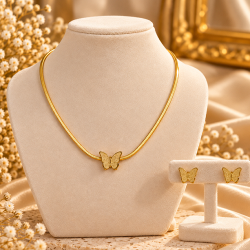 Gold Butterfly Stainless Steel Snake Chain Necklace & Stud Earrings Set