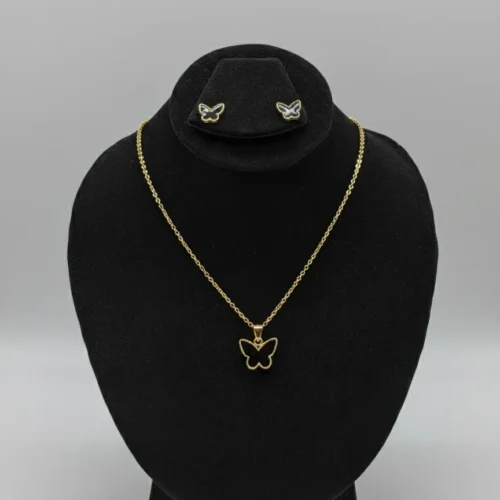 Stainless Steel Black Butterfly Pendant Necklace & Stud Earrings Set