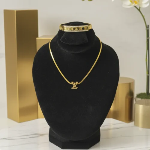 Stainless Steel Plain LV Initial Gold Snake Chain Necklace & Stud Set