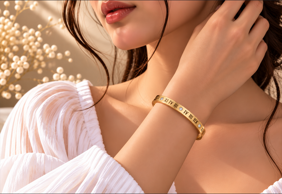 Roman Numeral Gold Handcuff – Crystal Detail - Image 5