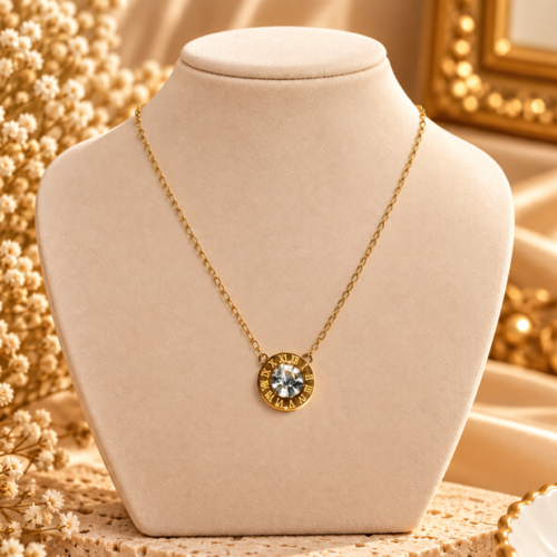 Gold Roman Numeral Crystal Stainless Steel Pendant Necklace