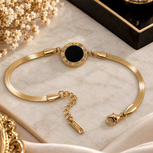 Black Roman Numeral Gold Stainless Steel Bracelet