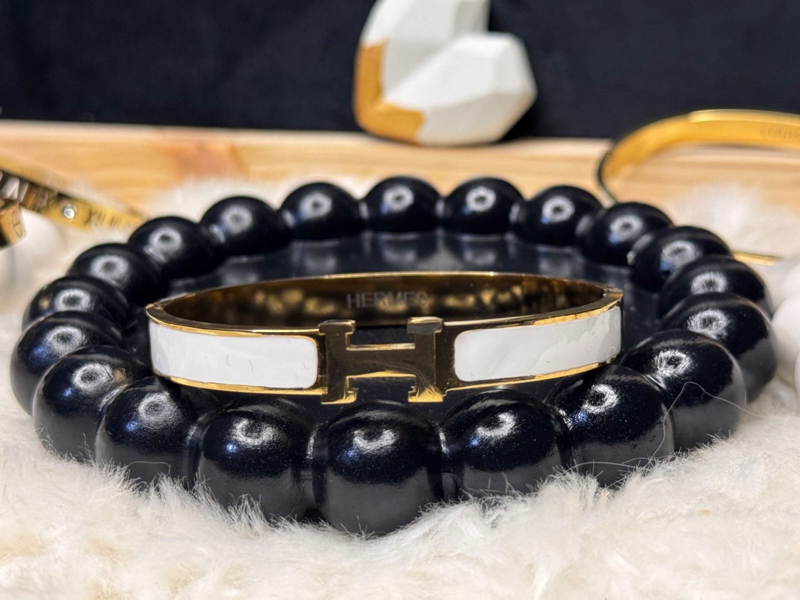 Hermès Inspired White & Gold Handcuff – H Detail - Image 4