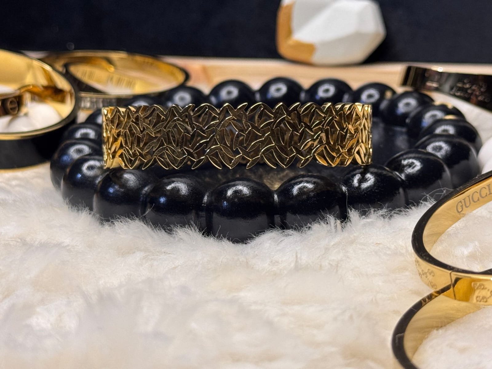 Luxury Woven Gold Handcuff – Interlocking Detail - Image 2