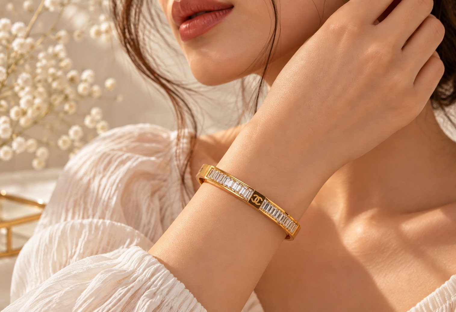 CC Style Gold Crystal Cuff Bracelet – Baguette Stone Design - Image 3