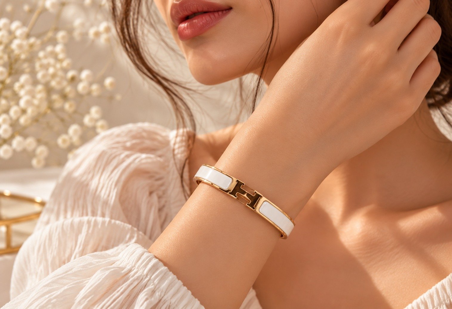 Hermès Inspired White & Gold Handcuff – H Detail - Image 3