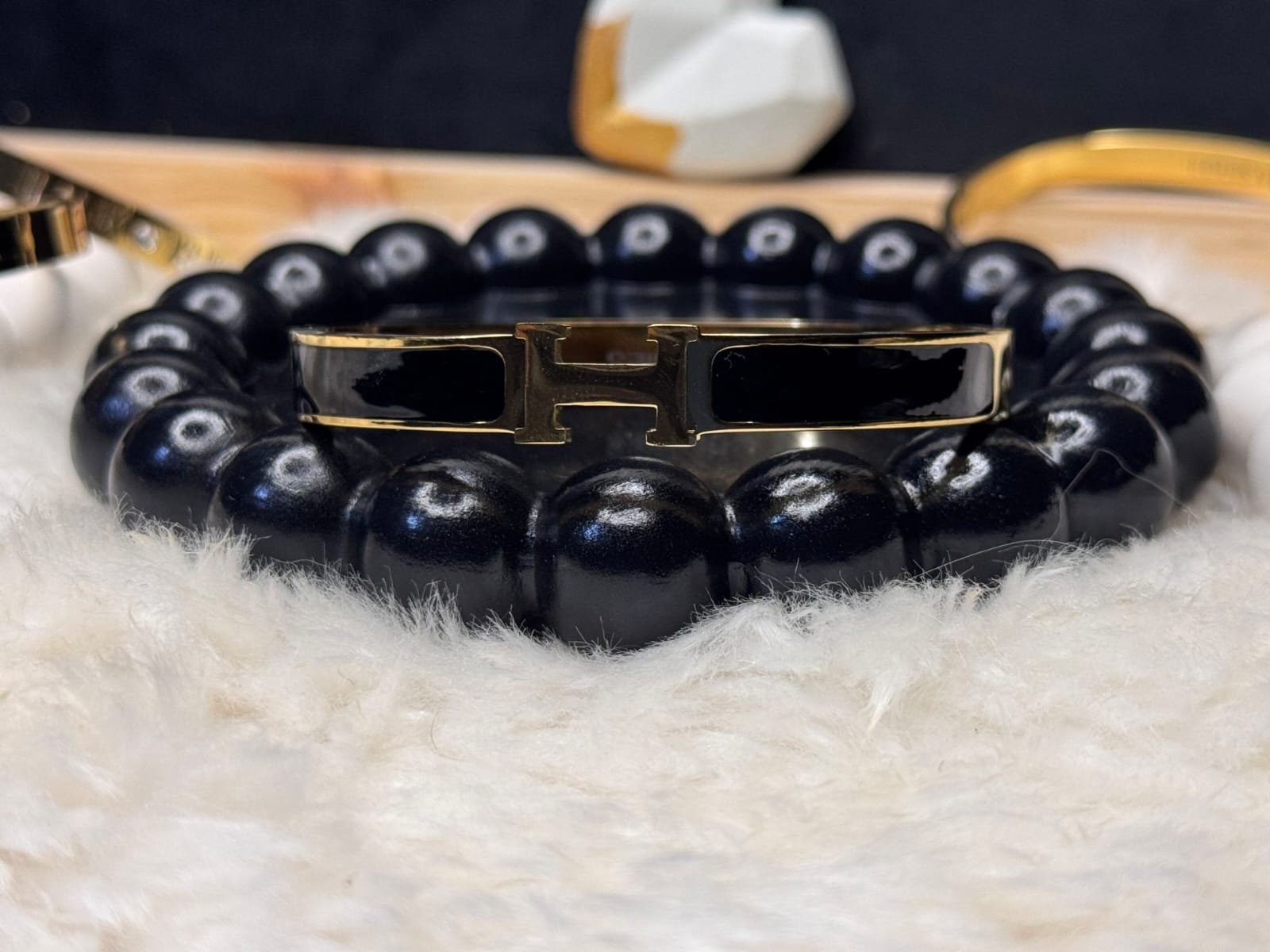 Hermès Inspired Black & Gold Handcuff – H Detail - Image 3