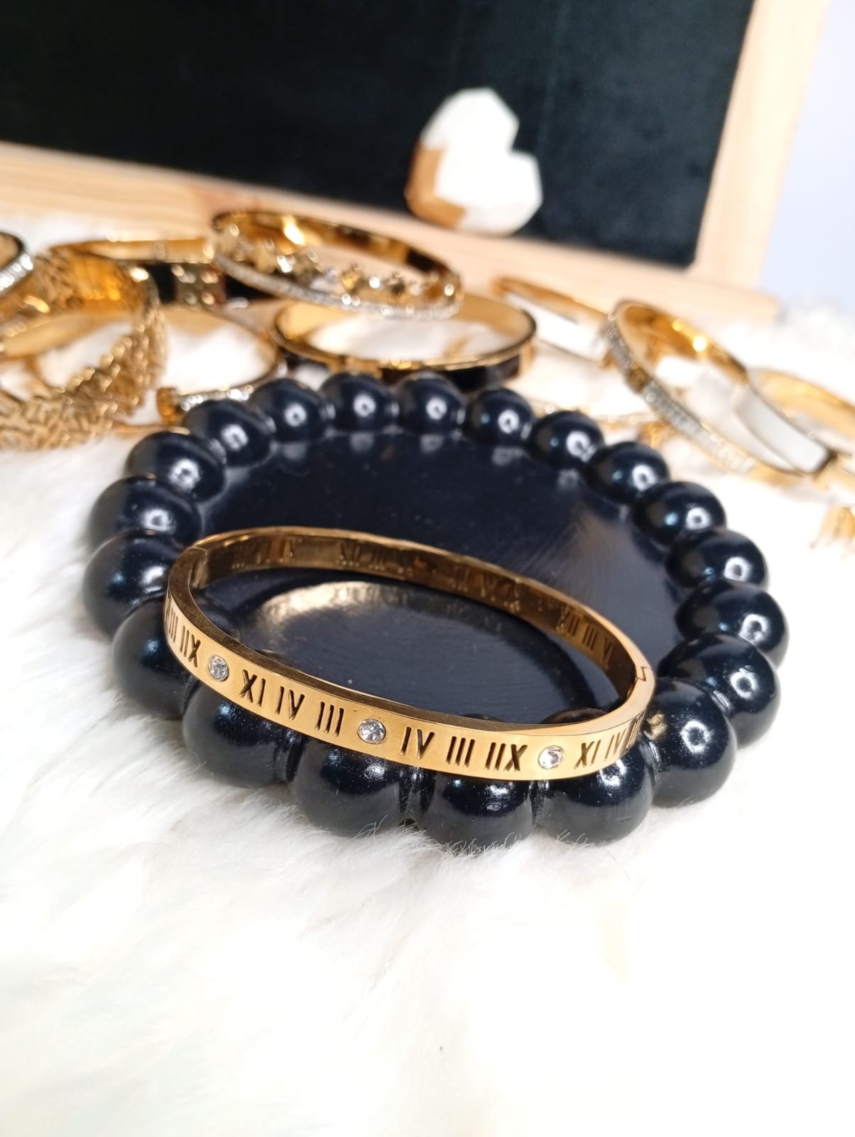 Roman Numeral Gold Handcuff – Crystal Detail
