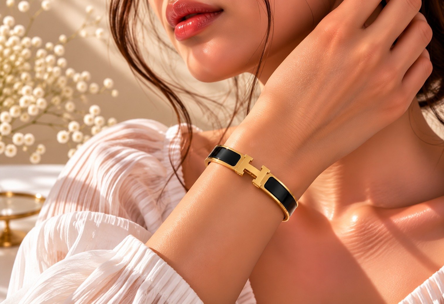 Hermès Inspired Black & Gold Handcuff – H Detail - Image 4