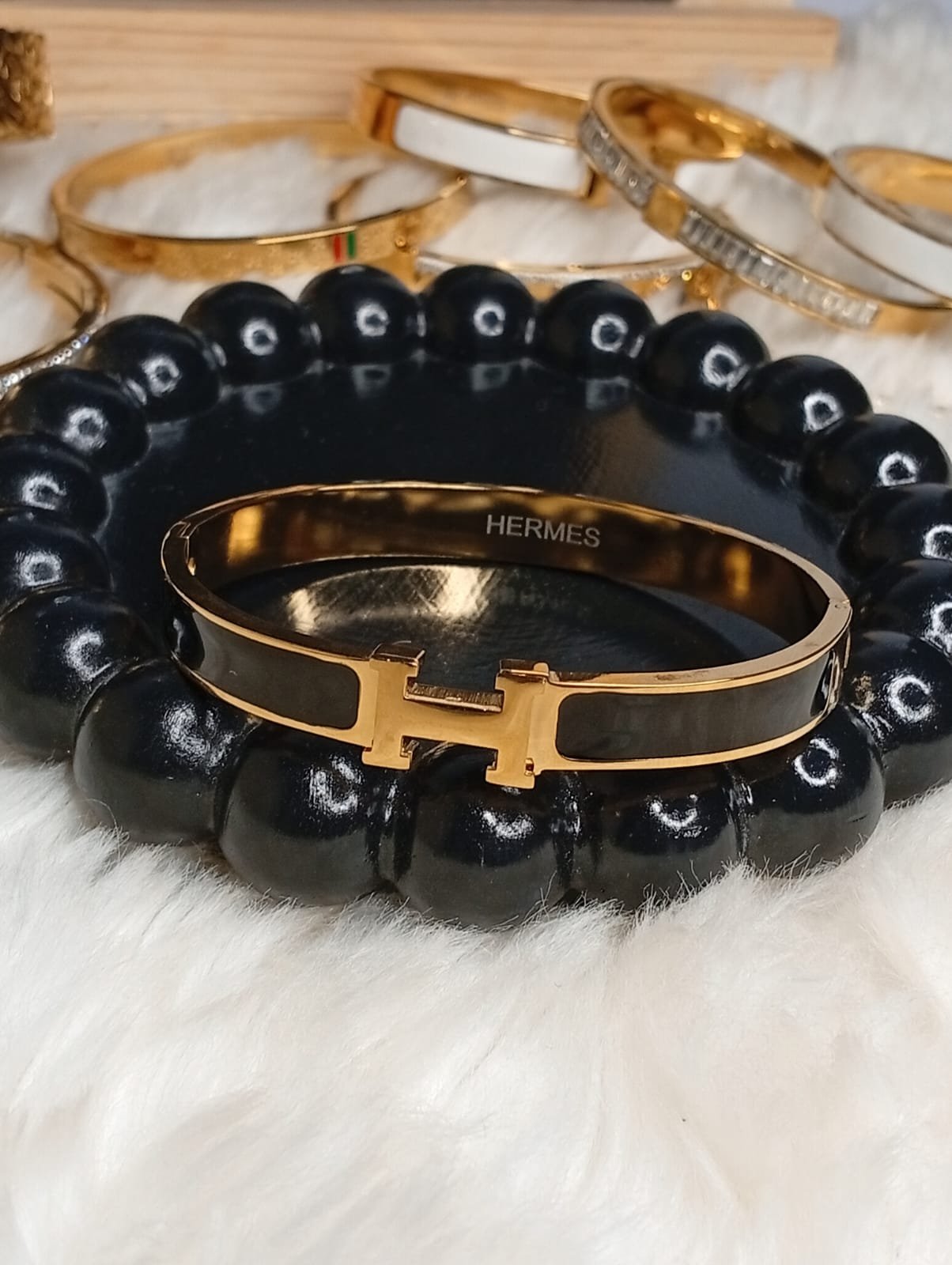 Hermès Inspired Black & Gold Handcuff – H Detail