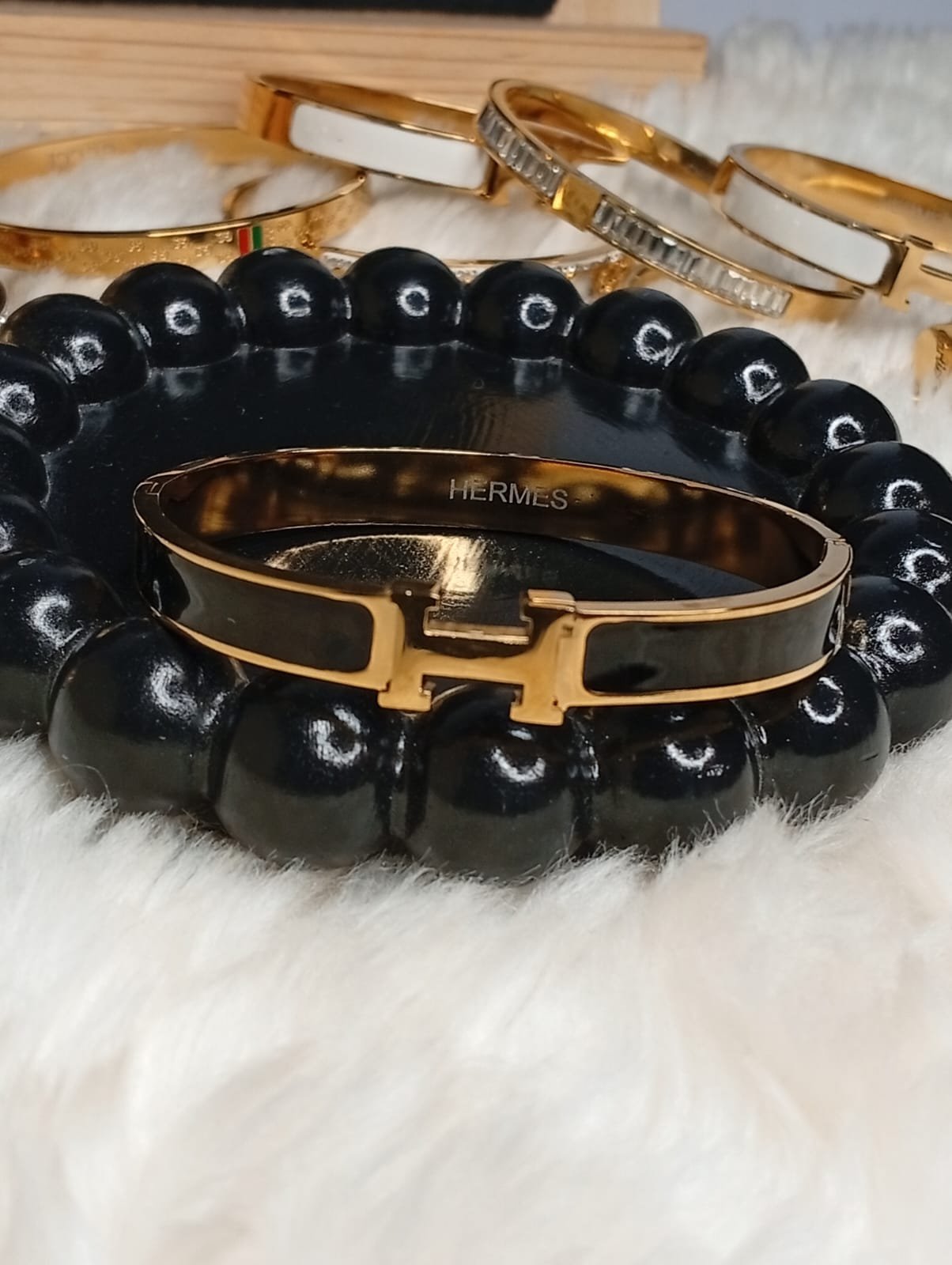 Hermès Inspired Black & Gold Handcuff – H Detail - Image 2