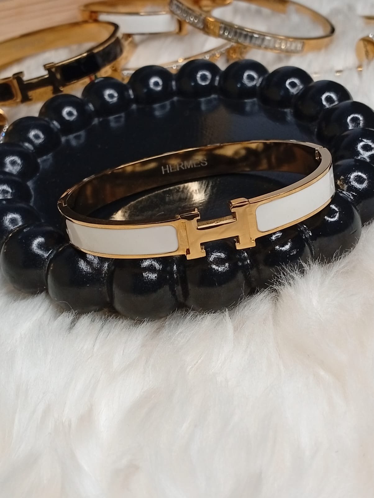Hermès Inspired White & Gold Handcuff – H Detail - Image 2