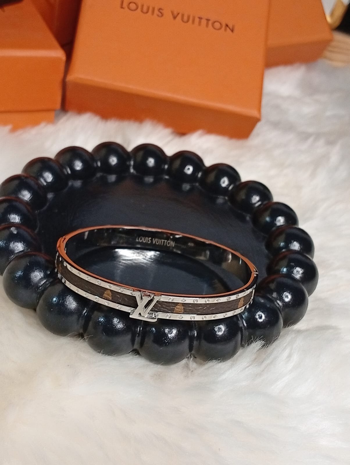 Louis Vuitton Inspired Brown & Silver Handcuff – Crystal Detail - Image 3