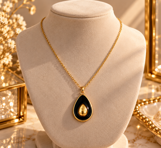 Black & Gold Teardrop Stainless Steel Necklace