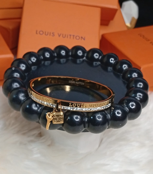 LV Inspired Lock & Key Crystal Stainless Steel Handcuff - Image 3