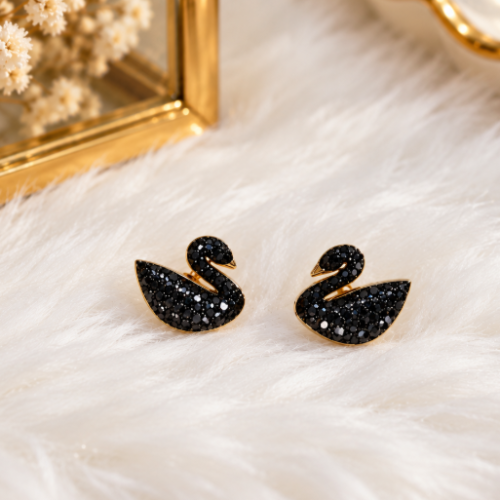 Black Crystal Swan Stainless Steel Stud Earrings