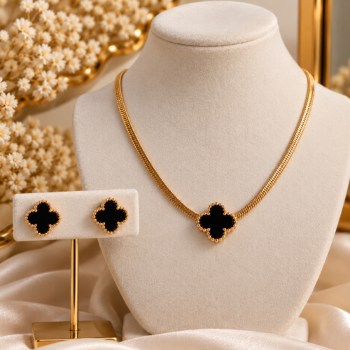 Black Clover Stainless Steel Necklace & Stud Earrings Set