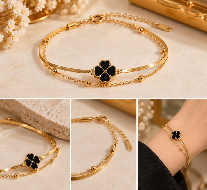 Black Clover Double Layer Stainless Steel Bracelet