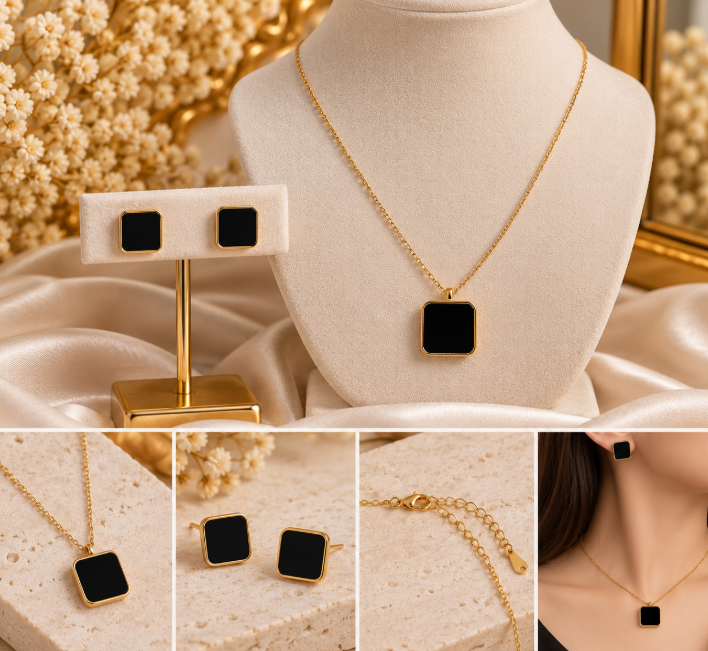 Black Square Stainless Steel Necklace & Stud Earrings Set - Image 2