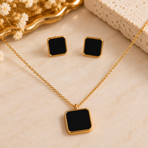 Black Square Stainless Steel Necklace & Stud Earrings Set