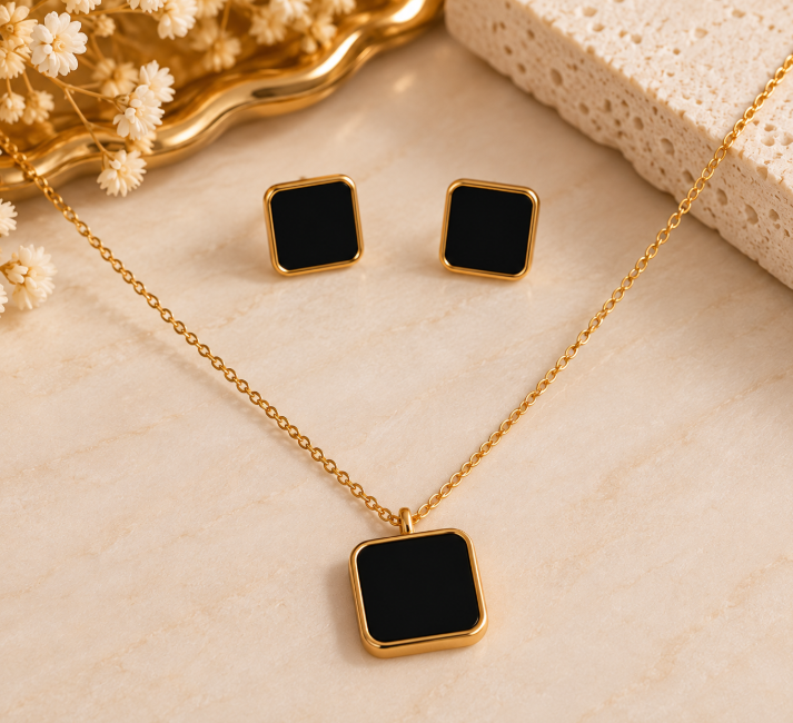 Black Square Stainless Steel Necklace & Stud Earrings Set
