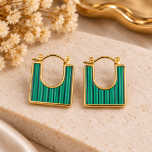 Green Striped Geometric Stainless Steel Hoop Earrings